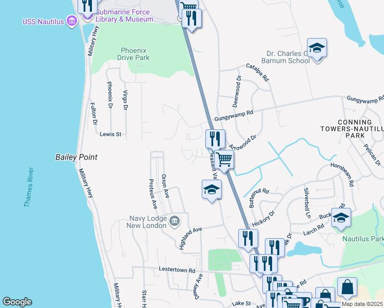 map of restaurants, bars, coffee shops, grocery stores, and more near 14 Thames Height Lane in Groton