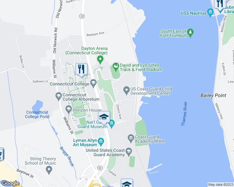 map of restaurants, bars, coffee shops, grocery stores, and more near 12 Farnsworth Street in New London