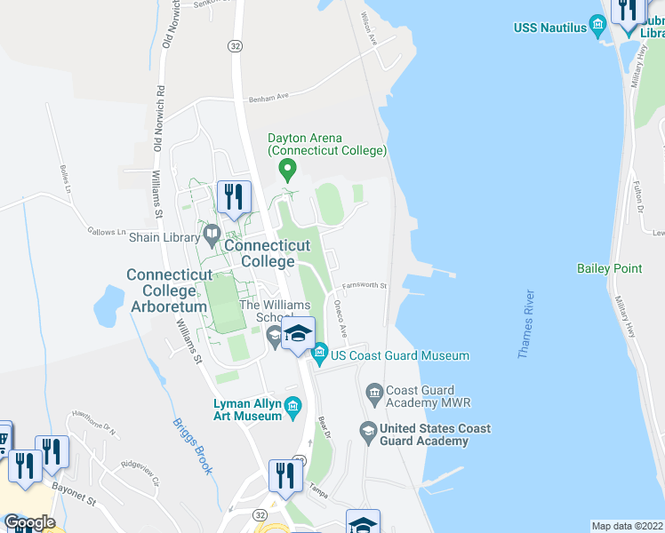 map of restaurants, bars, coffee shops, grocery stores, and more near 12 Farnsworth Street in New London
