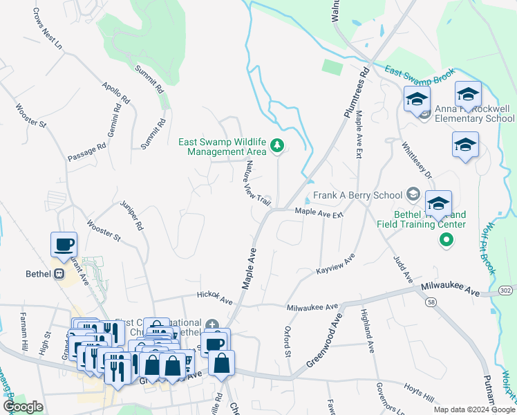map of restaurants, bars, coffee shops, grocery stores, and more near 1 Farm Court in Bethel