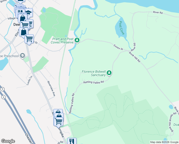 map of restaurants, bars, coffee shops, grocery stores, and more near 137 Rattling Valley Road in Deep River