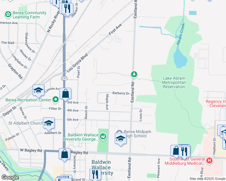 map of restaurants, bars, coffee shops, grocery stores, and more near 185 Barberry Drive in Berea
