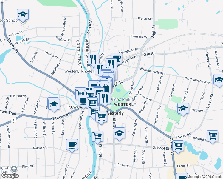 map of restaurants, bars, coffee shops, grocery stores, and more near 71 1/2 High Street in Westerly