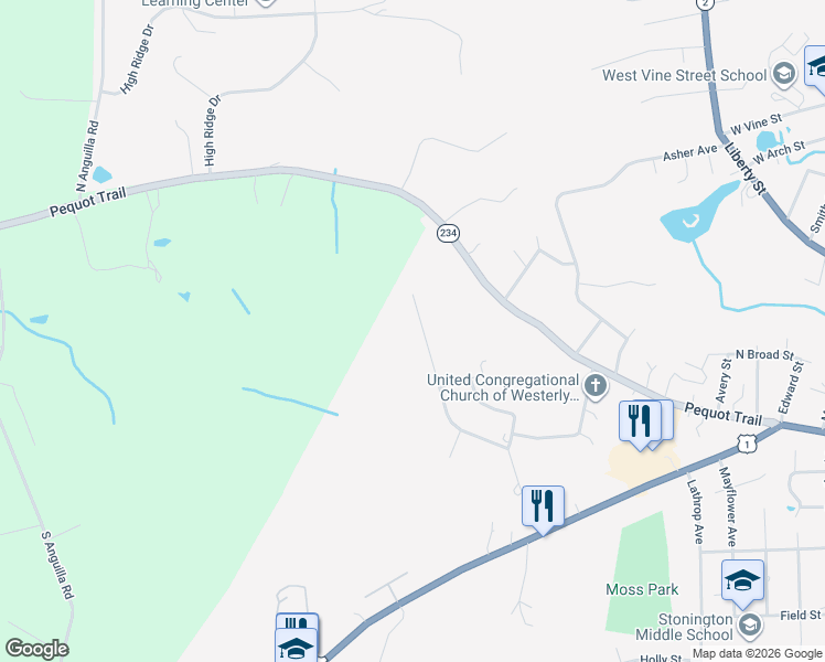 map of restaurants, bars, coffee shops, grocery stores, and more near 127 Castle Hill Road in Stonington