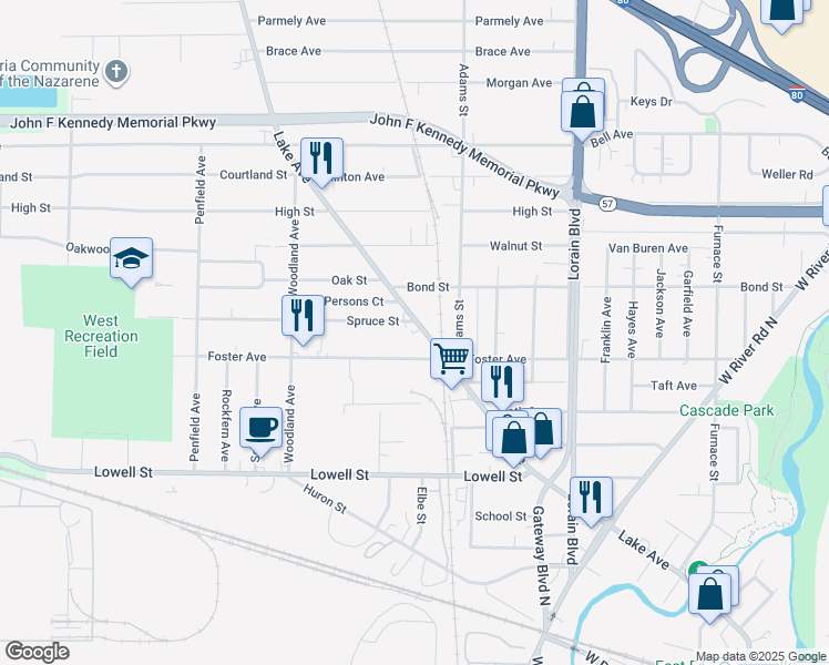 map of restaurants, bars, coffee shops, grocery stores, and more near 828 Lake Avenue in Elyria