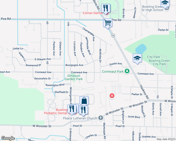 map of restaurants, bars, coffee shops, grocery stores, and more near 1102 Conneaut Avenue in Bowling Green