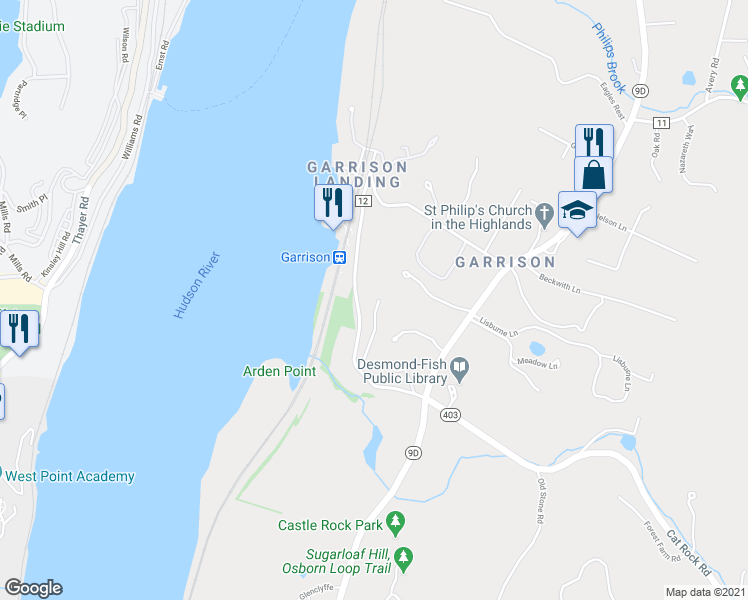 map of restaurants, bars, coffee shops, grocery stores, and more near 96 Lower Station Road in Philipstown