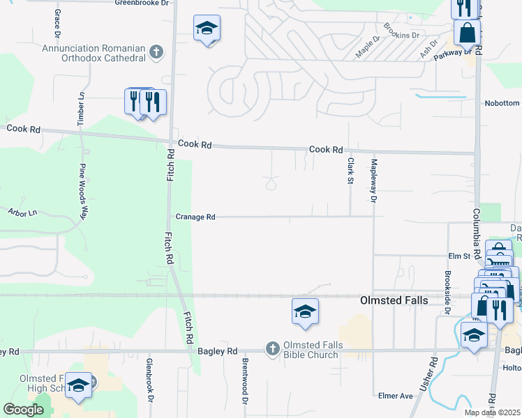 map of restaurants, bars, coffee shops, grocery stores, and more near 26600 Cranage Road in Olmsted Falls
