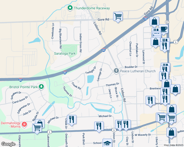 map of restaurants, bars, coffee shops, grocery stores, and more near 365 Twilight Drive in Morris