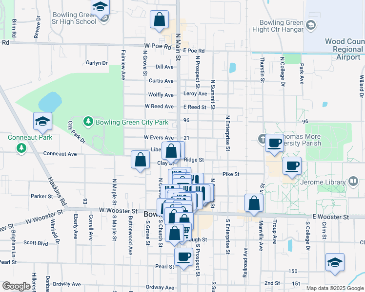 map of restaurants, bars, coffee shops, grocery stores, and more near 428 North Main Street in Bowling Green