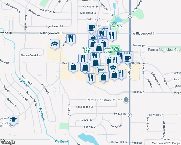 map of restaurants, bars, coffee shops, grocery stores, and more near 8201 Day Drive in Parma