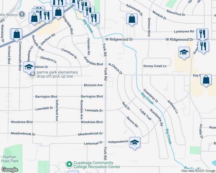 map of restaurants, bars, coffee shops, grocery stores, and more near 6811 York Road in Parma Heights