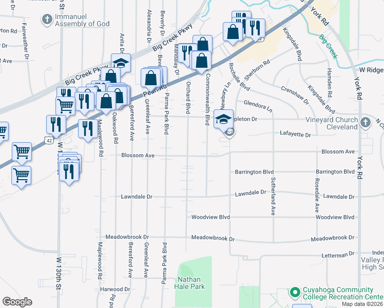 map of restaurants, bars, coffee shops, grocery stores, and more near 6793 Orchard Boulevard in Parma Heights