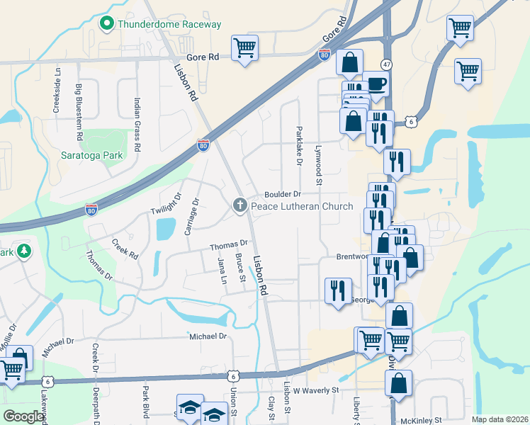 map of restaurants, bars, coffee shops, grocery stores, and more near 2021 Lisbon Road in Morris