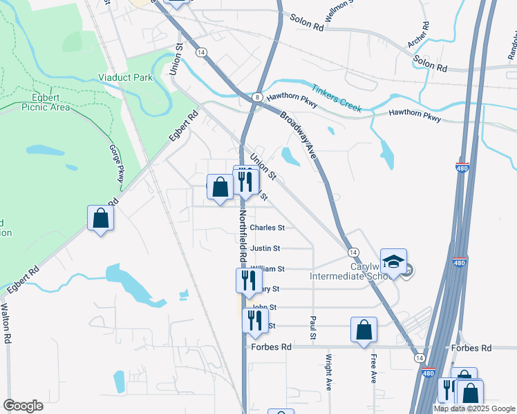 map of restaurants, bars, coffee shops, grocery stores, and more near in Oakwood Village