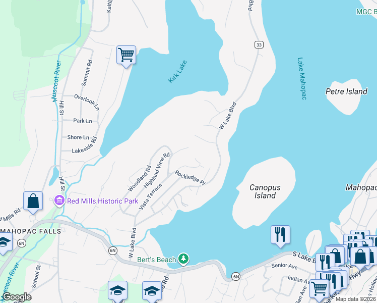 map of restaurants, bars, coffee shops, grocery stores, and more near 116 Vista Terrace North in Mahopac