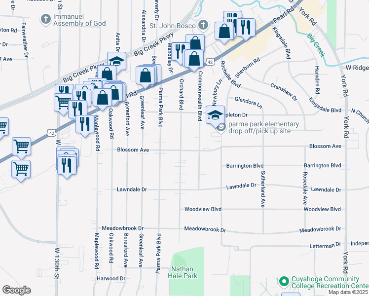 map of restaurants, bars, coffee shops, grocery stores, and more near 6793 Orchard Boulevard in Parma Heights