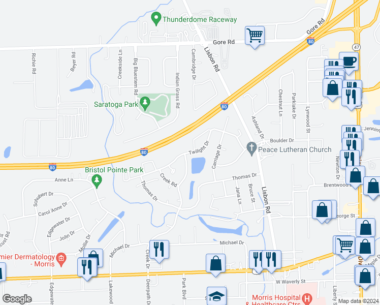 map of restaurants, bars, coffee shops, grocery stores, and more near 378 Twilight Drive in Morris