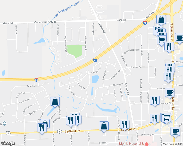 map of restaurants, bars, coffee shops, grocery stores, and more near 376 Twilight Drive in Morris