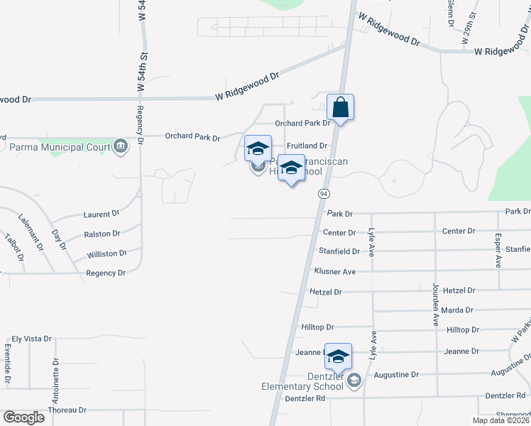 map of restaurants, bars, coffee shops, grocery stores, and more near 4423 Bruening Drive in Cleveland