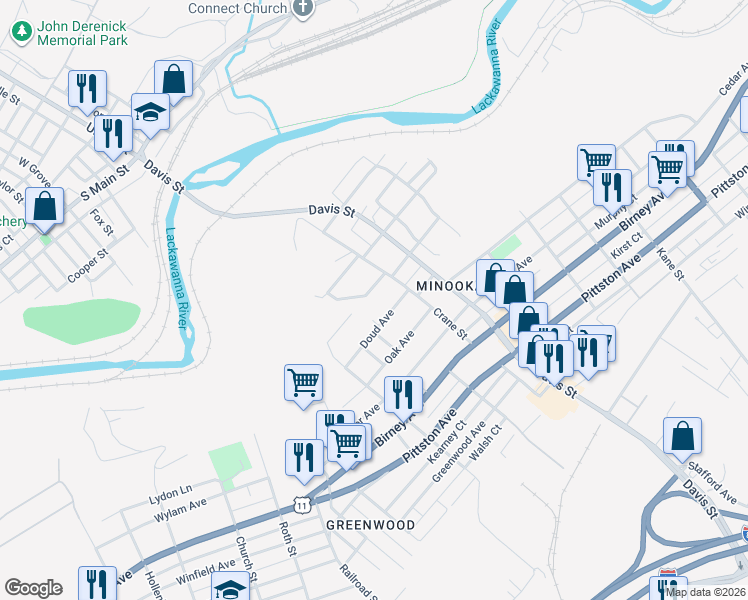 map of restaurants, bars, coffee shops, grocery stores, and more near 3214 Doud Ave in Scranton