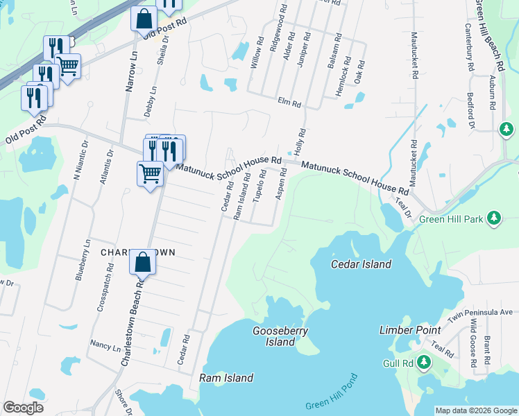 map of restaurants, bars, coffee shops, grocery stores, and more near 121 Tupelo Road in South Kingstown