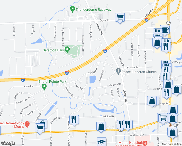 map of restaurants, bars, coffee shops, grocery stores, and more near 360 Twilight Drive in Morris