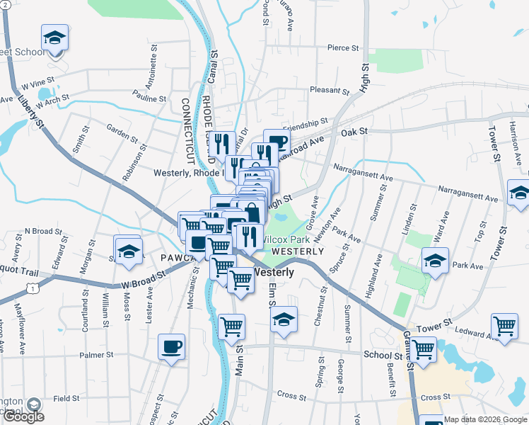 map of restaurants, bars, coffee shops, grocery stores, and more near 71 1/2 High Street in Westerly