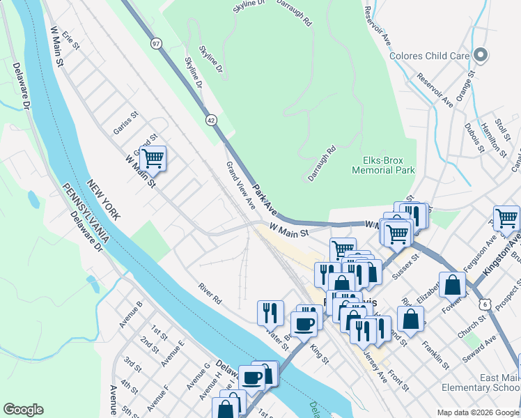 map of restaurants, bars, coffee shops, grocery stores, and more near 2 Grand View Avenue in Port Jervis