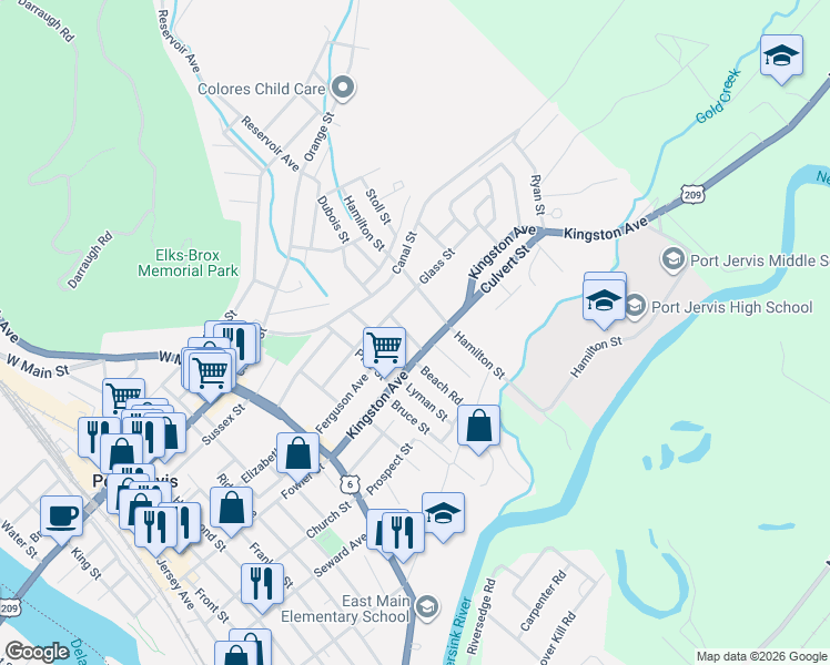 map of restaurants, bars, coffee shops, grocery stores, and more near 54-56 Kingston Avenue in Port Jervis