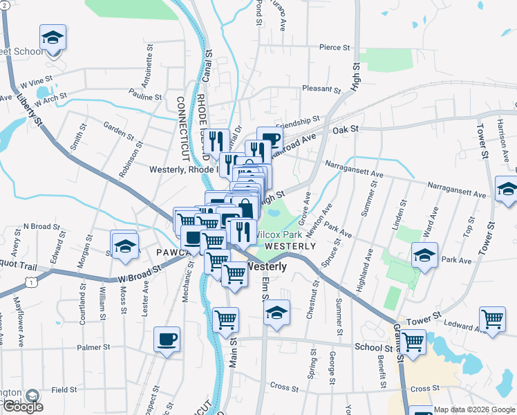 map of restaurants, bars, coffee shops, grocery stores, and more near 71 1/2 High Street in Westerly