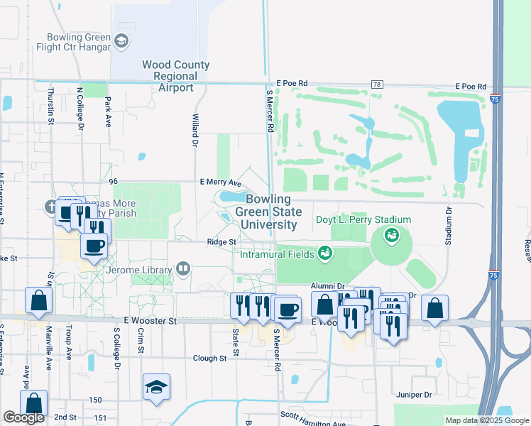 map of restaurants, bars, coffee shops, grocery stores, and more near 1001 East Wooster Street in Bowling Green