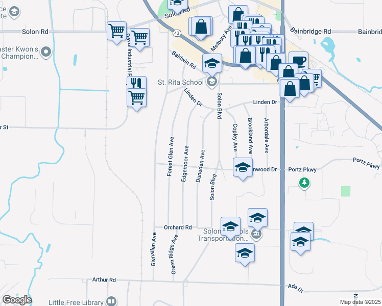 map of restaurants, bars, coffee shops, grocery stores, and more near 6631 Edgemoor Avenue in Solon