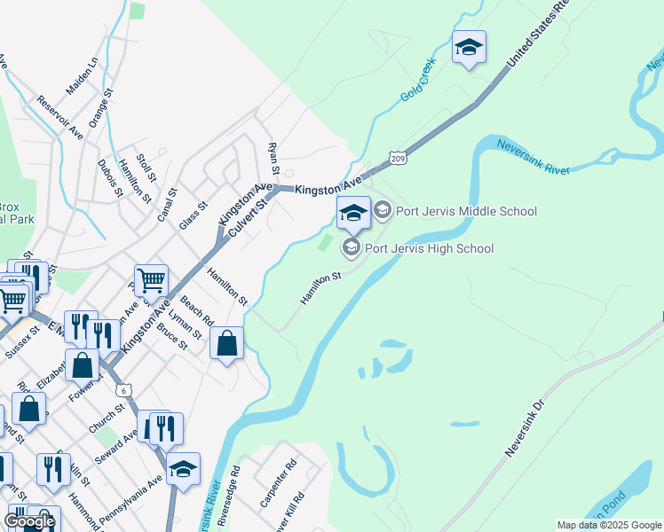 map of restaurants, bars, coffee shops, grocery stores, and more near 10 U.S. 209 in Port Jervis