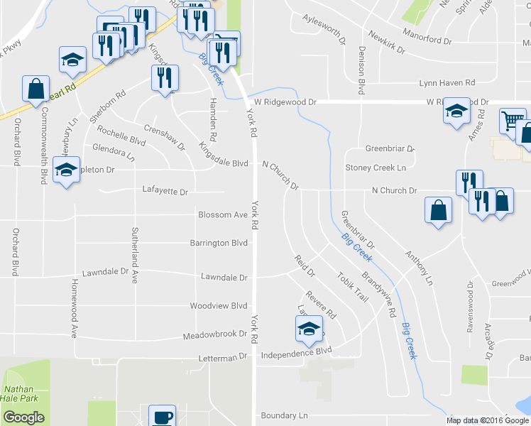map of restaurants, bars, coffee shops, grocery stores, and more near 6789 York Road in Parma Heights