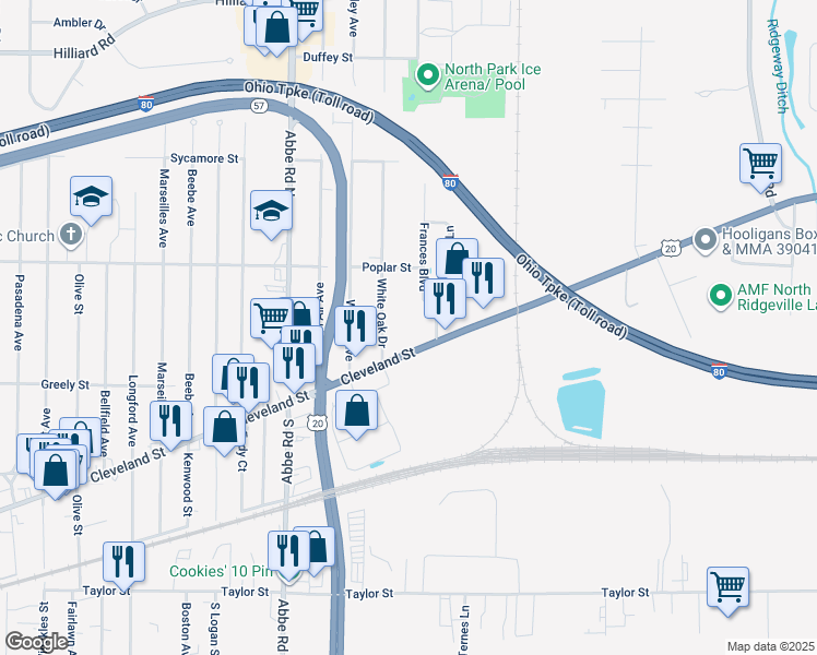 map of restaurants, bars, coffee shops, grocery stores, and more near 880 Cleveland Street in Elyria