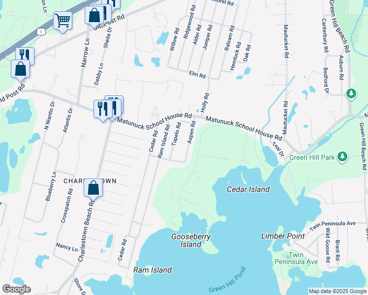 map of restaurants, bars, coffee shops, grocery stores, and more near 73 Aspen Road in South Kingstown