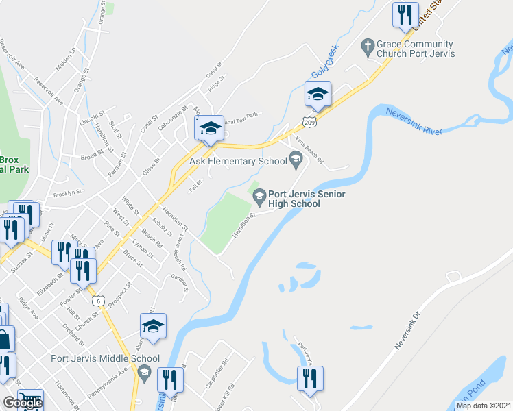 map of restaurants, bars, coffee shops, grocery stores, and more near 10 U.S. 209 in Port Jervis