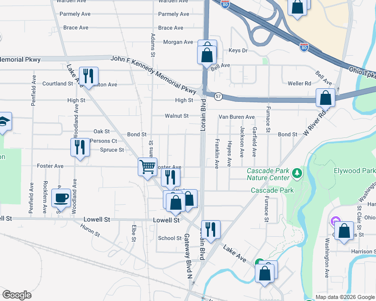 map of restaurants, bars, coffee shops, grocery stores, and more near 127 Madison Street in Elyria