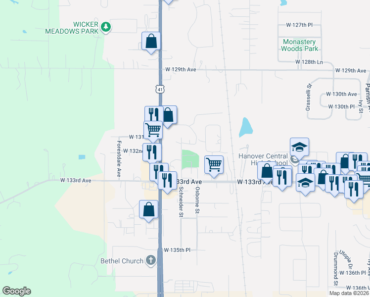 map of restaurants, bars, coffee shops, grocery stores, and more near 13209 Schneider Street in Cedar Lake
