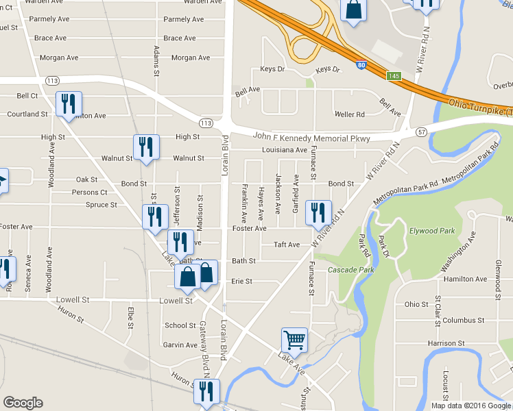 map of restaurants, bars, coffee shops, grocery stores, and more near 228 Hayes Avenue in Elyria