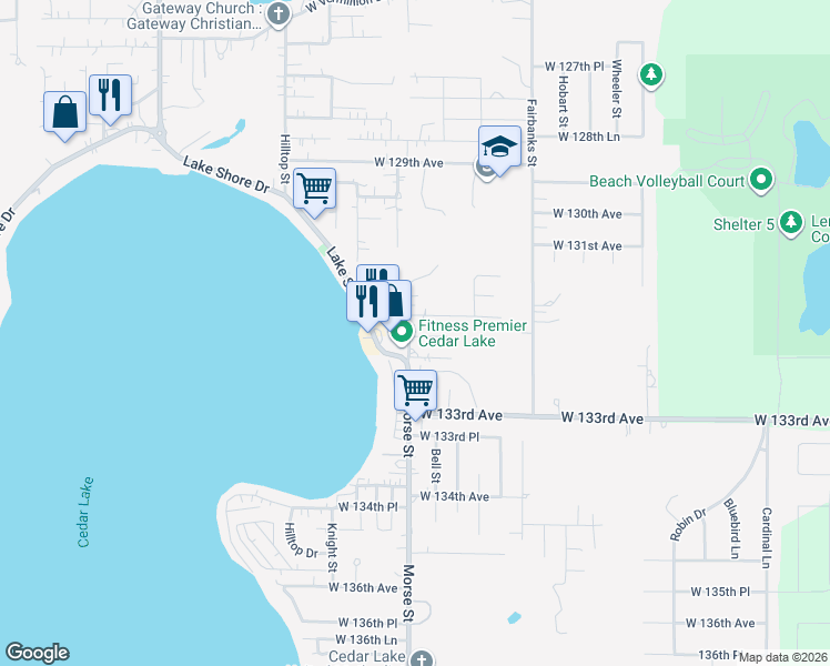 map of restaurants, bars, coffee shops, grocery stores, and more near 13205 Morse Street in Cedar Lake