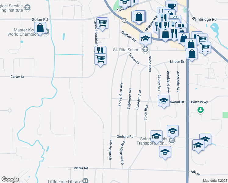 map of restaurants, bars, coffee shops, grocery stores, and more near 6613 Glenallen Avenue in Solon