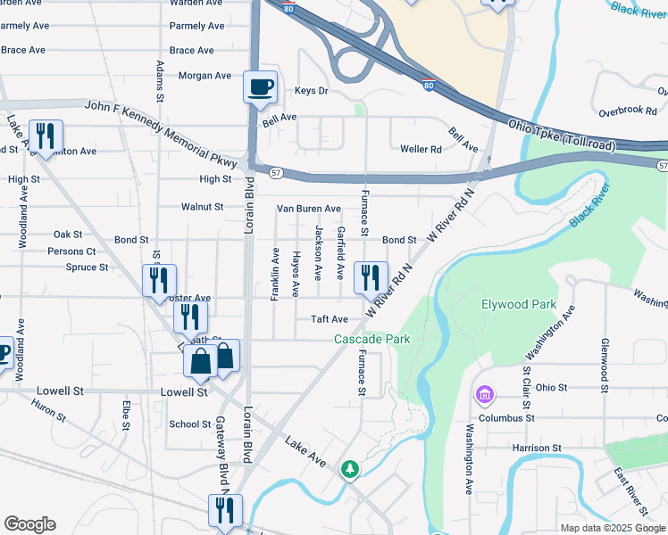 map of restaurants, bars, coffee shops, grocery stores, and more near 530 Garfield Avenue in Elyria