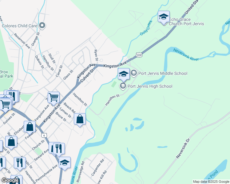 map of restaurants, bars, coffee shops, grocery stores, and more near 10 U.S. 209 in Port Jervis
