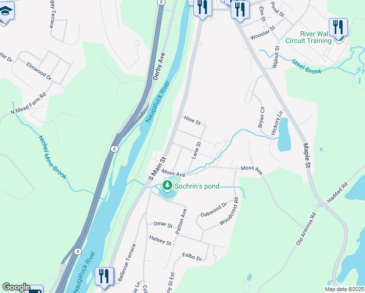 map of restaurants, bars, coffee shops, grocery stores, and more near Bryson Avenue & Rosko Street in Seymour