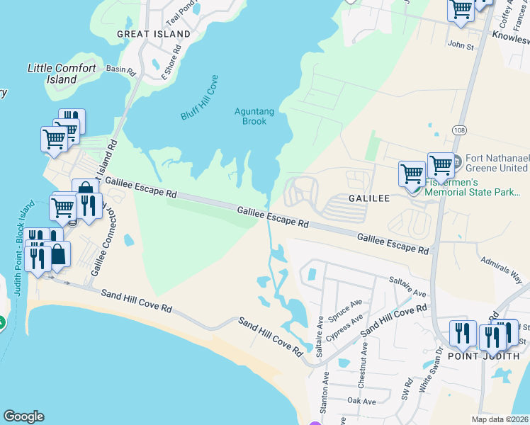 map of restaurants, bars, coffee shops, grocery stores, and more near Galilee Escape Road in Narragansett