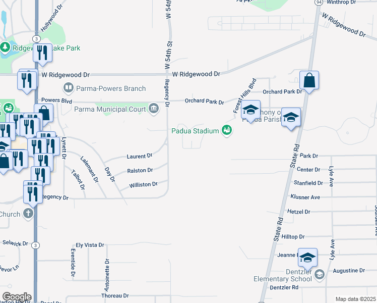 map of restaurants, bars, coffee shops, grocery stores, and more near 5151 Rolling Meadow Drive in Cleveland