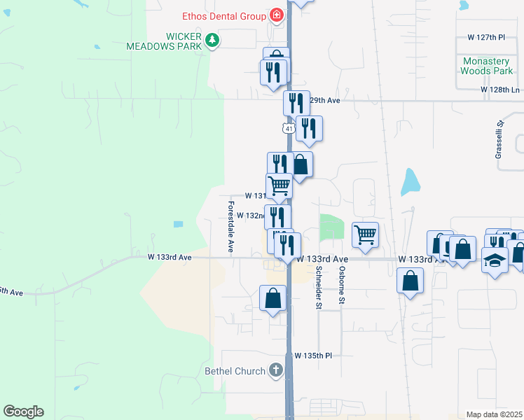 map of restaurants, bars, coffee shops, grocery stores, and more near 13212 Wicker Avenue in Cedar Lake