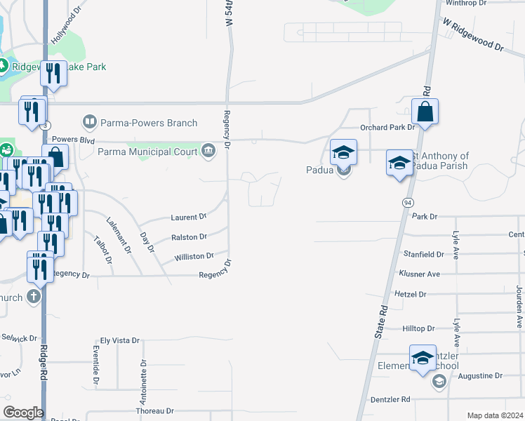 map of restaurants, bars, coffee shops, grocery stores, and more near 5151 Rolling Meadow Drive in Cleveland